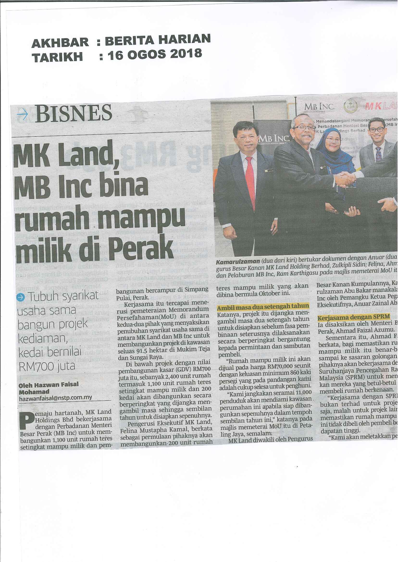 Keratan Akhbar : MK Land, MB Inc Bina Rumah Mampu Milik di ...